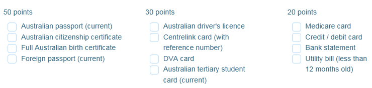 Acceptable forms of ID and point values