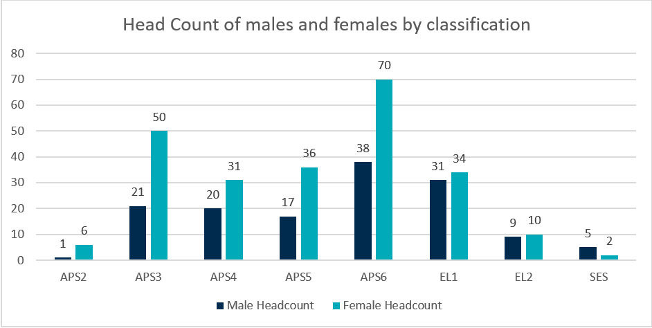 A bar chart of head count of makes and females by APS classification level