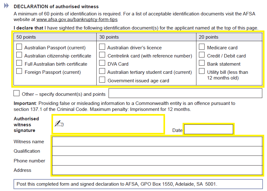 Example image of section of bankruptcy form authorised witness to complete