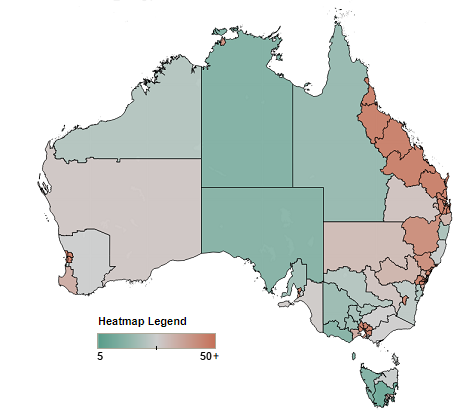 Map of Australia showing personal insolvencies by Statistical Area