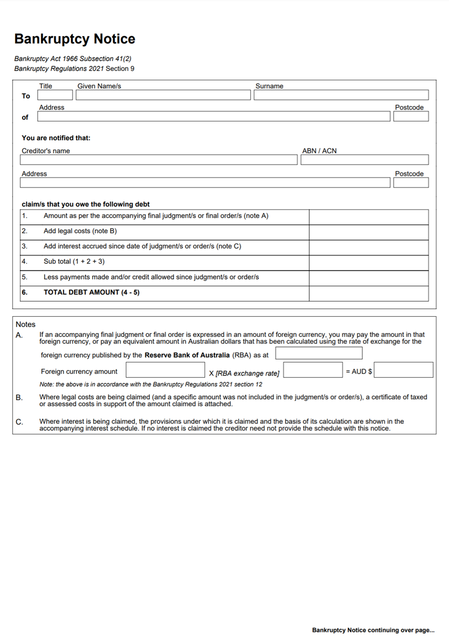 Example page 1 of bankruptcy notice form