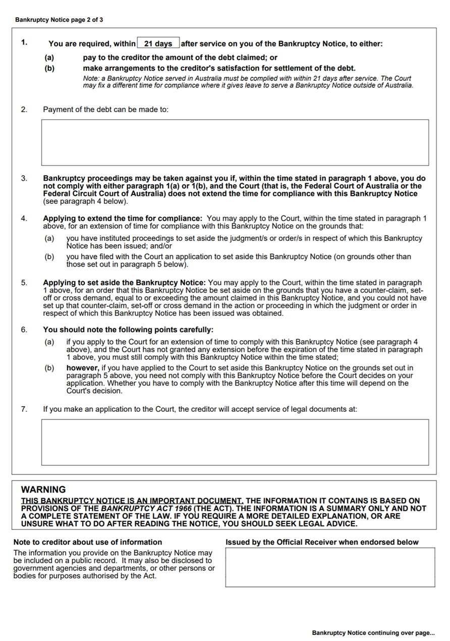 Example page 2 of bankruptcy notice form